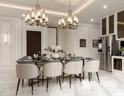 Elegant dining room with modern chandelier and sleek decor