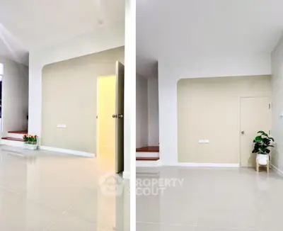 Spacious minimalist interior with sleek tiled flooring and neutral walls, perfect for modern living.