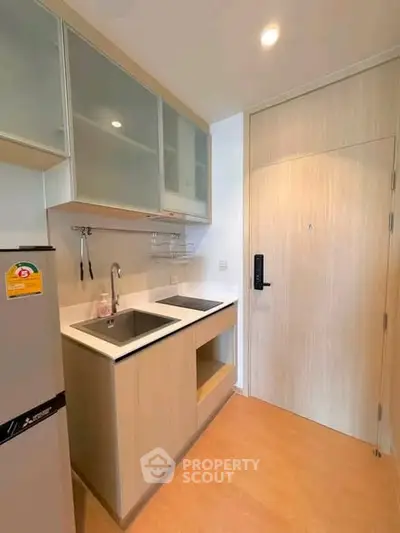 Modern compact kitchen with sleek cabinetry and dual sinks in a cozy apartment.