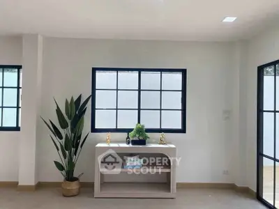 Minimalist interior with large windows and stylish decor
