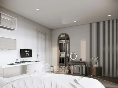 Modern bedroom with stylish decor and walk-in closet