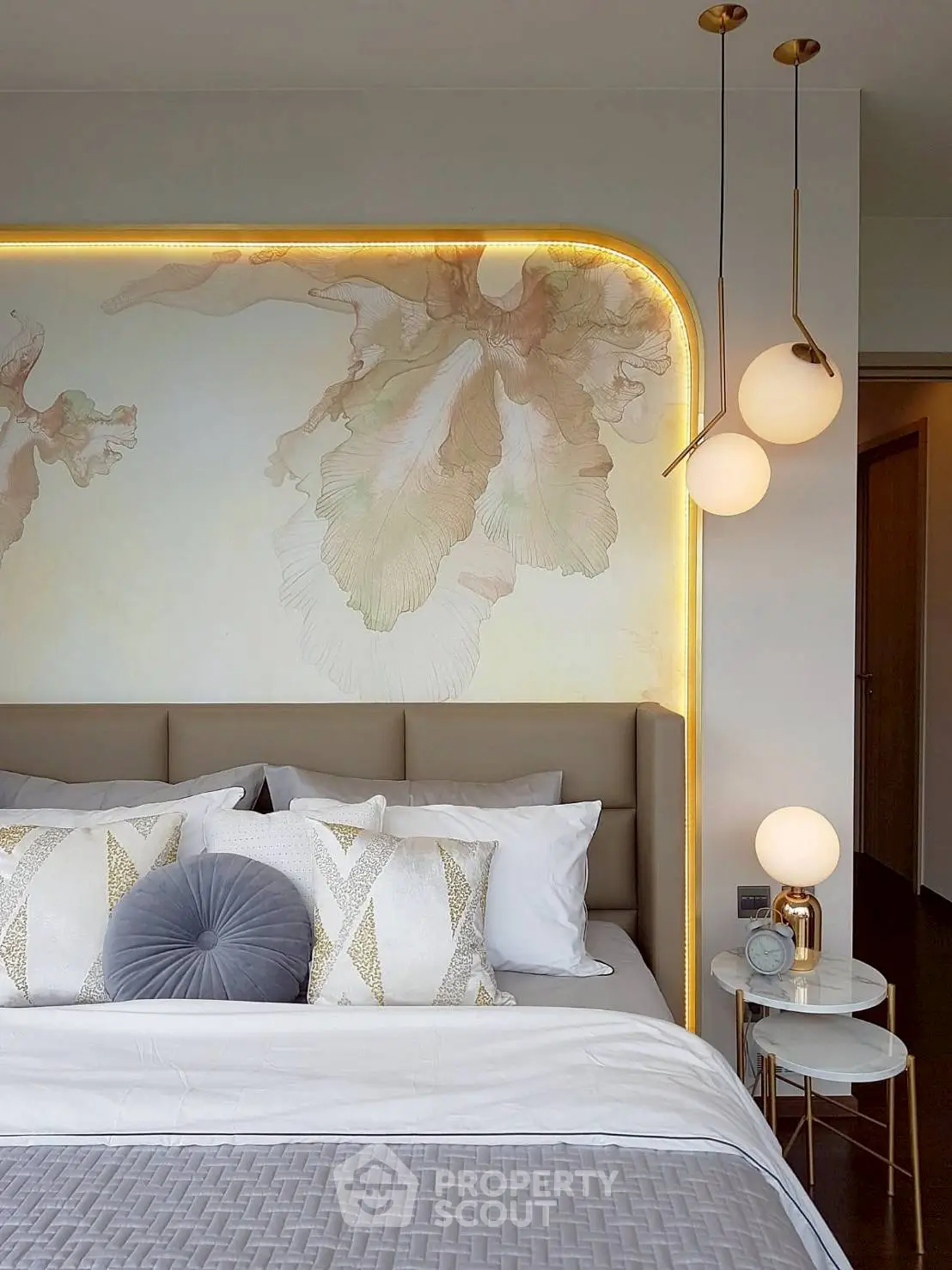 Luxurious bedroom with elegant lighting and stylish decor