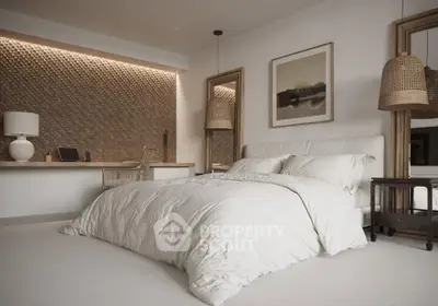 Luxurious bedroom with elegant decor and cozy ambiance, featuring modern furniture and stylish lighting.