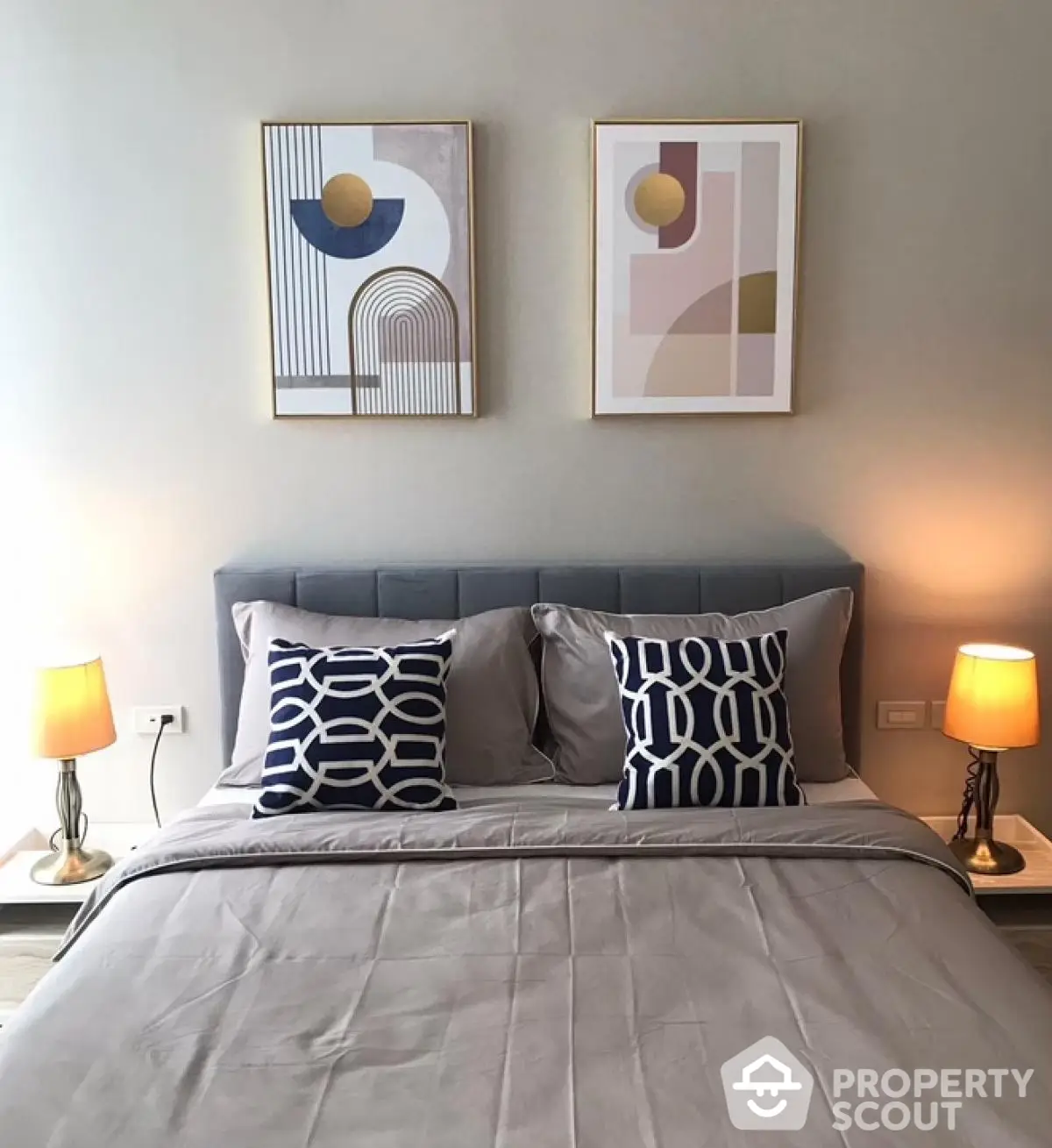 Modern bedroom with stylish decor and cozy lighting, perfect for relaxation.