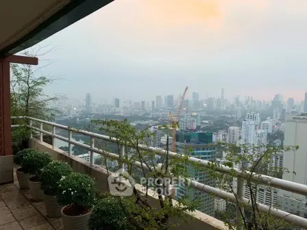 Stunning cityscape view from a high-rise balcony with lush potted plants.