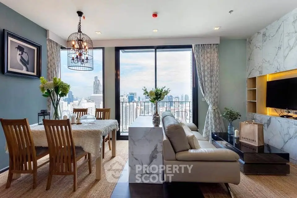 Luxurious living room with city view, elegant decor, and spacious layout in modern apartment.