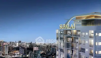 Stunning cityscape view with modern high-rise building at dusk, showcasing urban living at its finest.