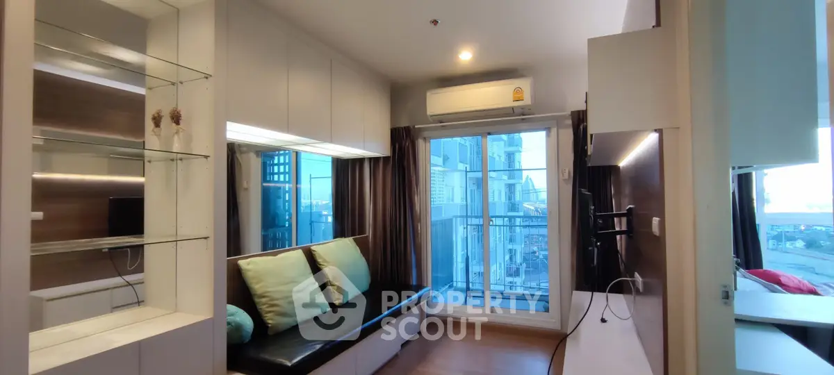 Modern living room with city view and sleek design