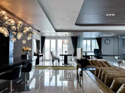 Luxurious modern living room with city view and elegant lighting