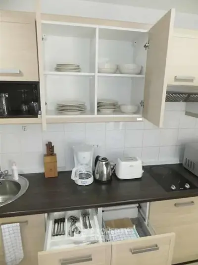 Modern kitchen with open cabinets, appliances, and sleek countertops.