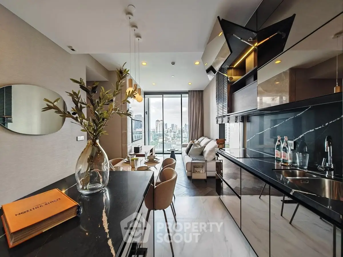 Luxurious modern kitchen and living area with city view, sleek design and elegant decor.