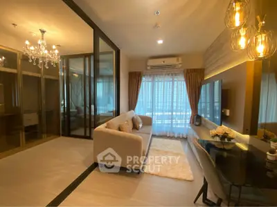 Luxurious modern living room with elegant lighting and stylish decor in a high-end apartment.