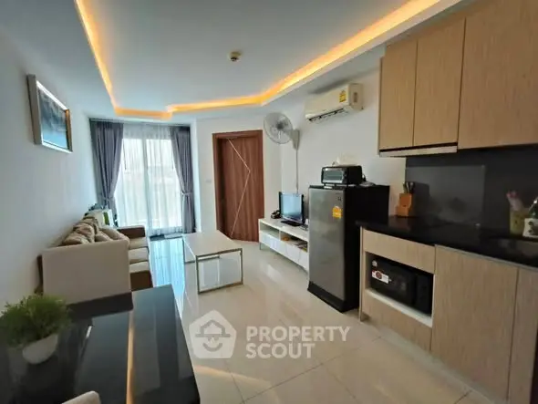 Modern living room with sleek furniture and ambient lighting