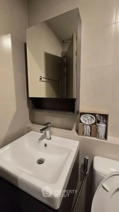 Modern bathroom with sleek sink and mirror cabinet in contemporary apartment.