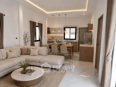 Luxurious open-plan living room with modern kitchen and elegant decor