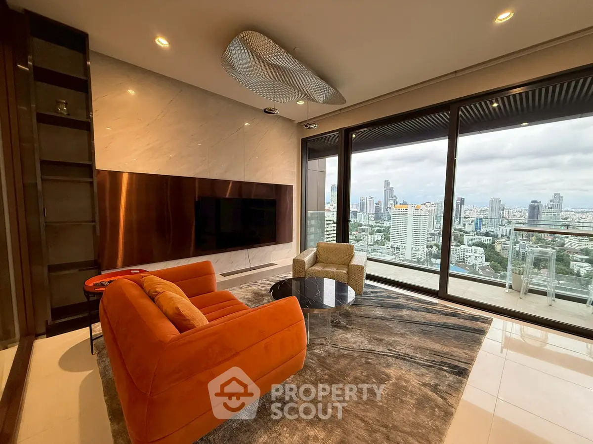 Luxurious living room with stunning city view and modern decor