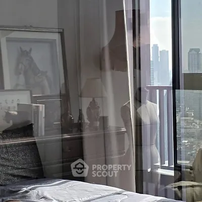 Modern bedroom with city view and stylish decor