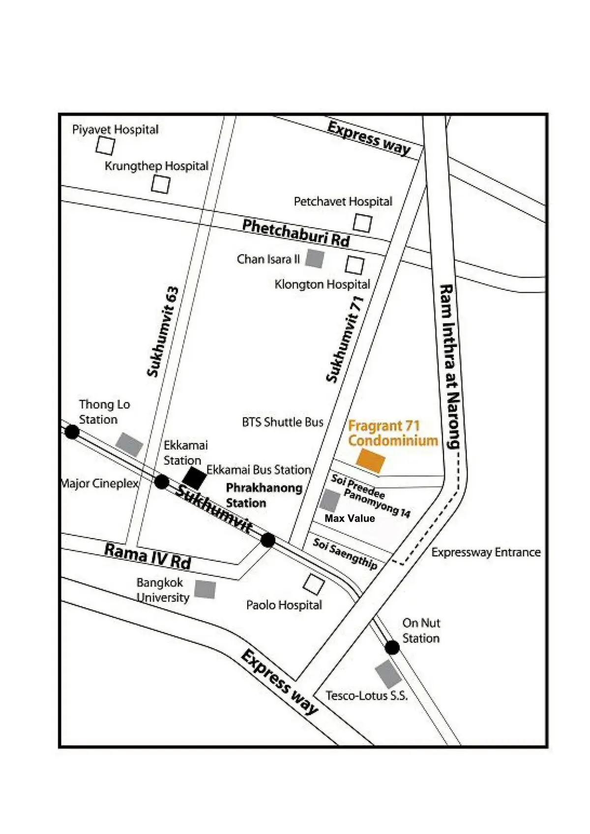 Map showing location of Fragrant 71 Condominium near major Bangkok landmarks.