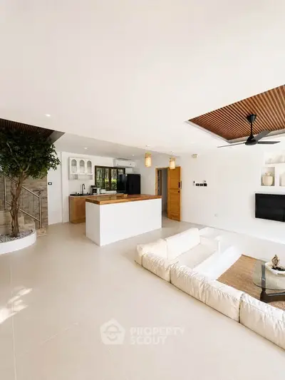 Spacious modern living room with open kitchen and elegant design