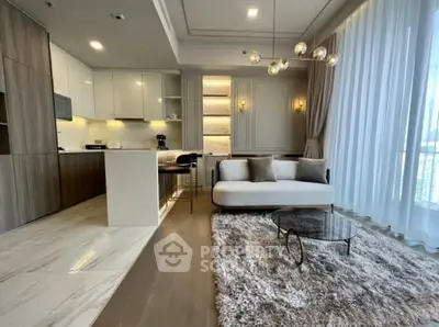 Luxurious modern living room with open kitchen and elegant decor