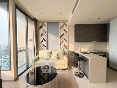 Modern living room with city view, stylish decor, and open kitchen layout in a high-rise apartment.
