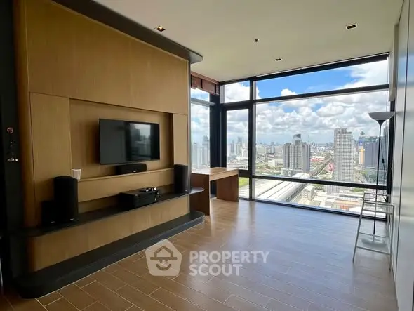 Spacious modern living room with stunning city view and sleek wooden accents.