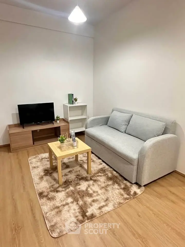 Cozy living room with modern sofa, TV stand, and plush rug on wooden floor.