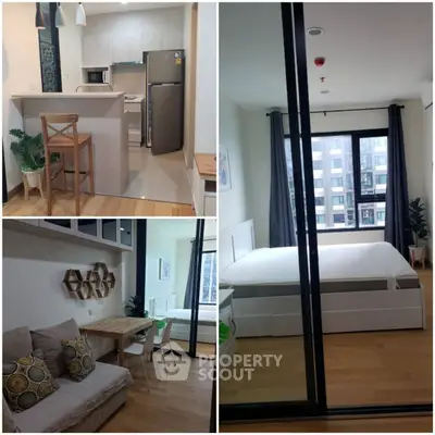 Modern apartment interior with kitchen, living room, and bedroom featuring sleek design and natural light.