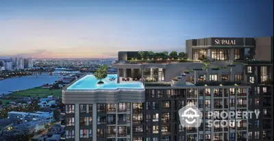 Luxurious high-rise building with rooftop infinity pool and stunning city view at sunset.