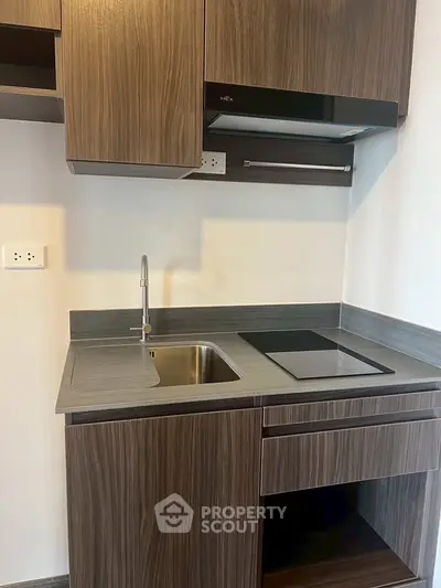 Modern kitchen with sleek wooden cabinets and electric cooktop