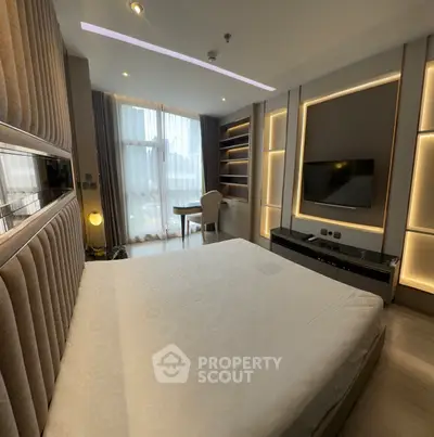Luxurious modern bedroom with elegant lighting and large window view
