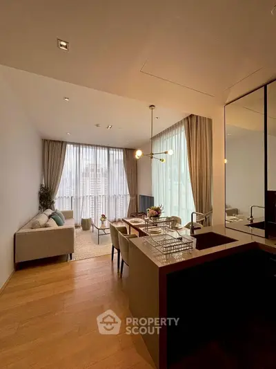 Modern open-layout living room with elegant dining area and floor-to-ceiling windows.