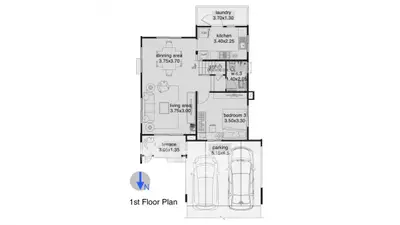 Modern 1st floor plan with spacious living area, kitchen, bedroom, and parking space.