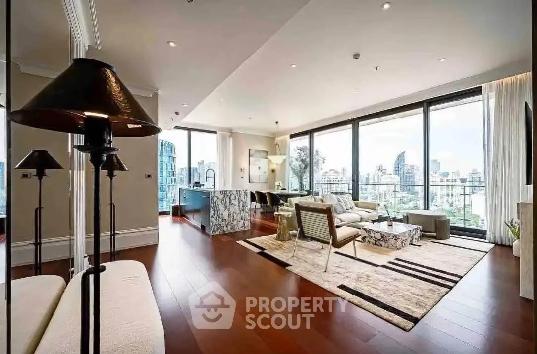 Luxurious open-plan living room with stunning city views and modern decor