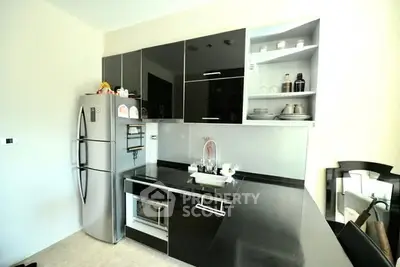 Modern kitchen with sleek black cabinets and stainless steel appliances
