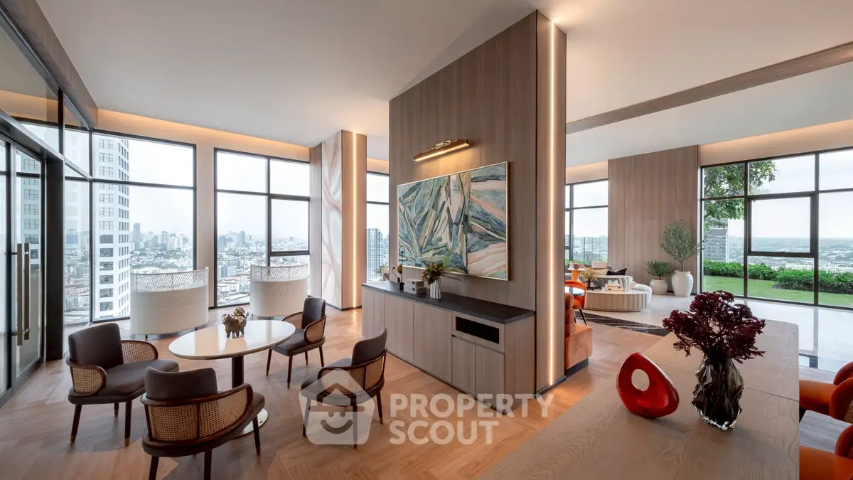 Luxurious modern living room with panoramic city views and elegant decor