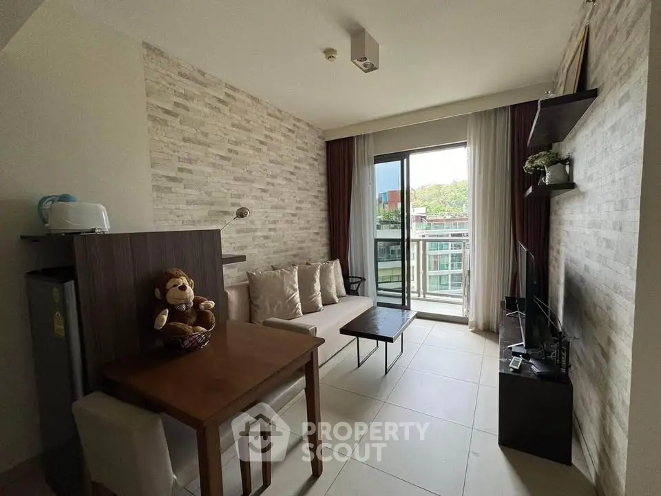 Cozy modern living room with balcony view and stylish decor