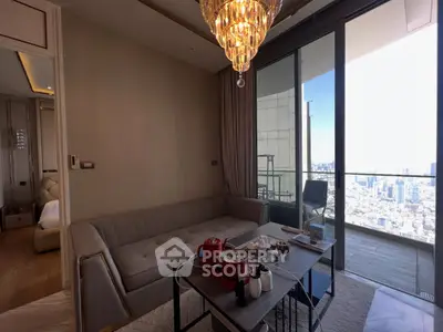 Luxurious living room with stunning city view and elegant chandelier