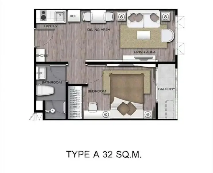 Modern 32 sqm apartment floor plan with open living and dining area, bedroom, bathroom, and balcony.