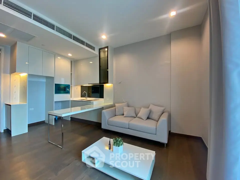 Modern living room with sleek kitchen and cozy sofa in open layout apartment.