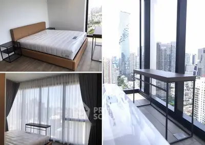 Luxurious high-rise bedroom with stunning city views and modern furnishings.