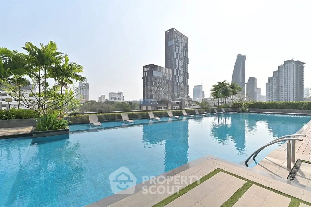 Luxurious rooftop pool with stunning city skyline views in modern urban setting.
