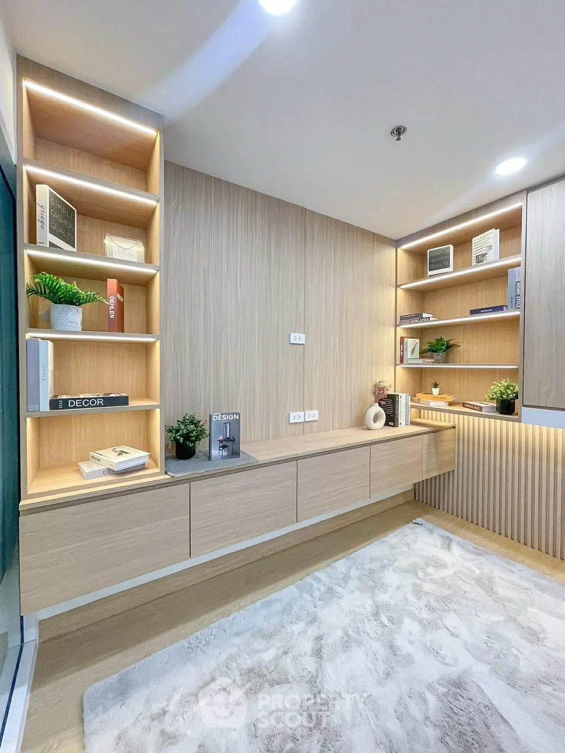 Modern study room with built-in shelves and elegant decor