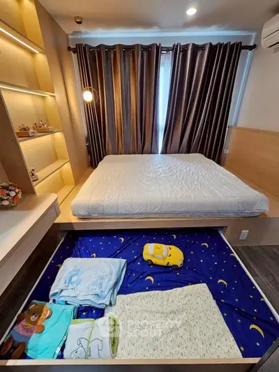 Modern bedroom with built-in storage and cozy lighting