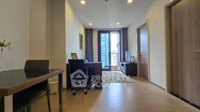 Modern apartment interior with stylish furniture and city view balcony
