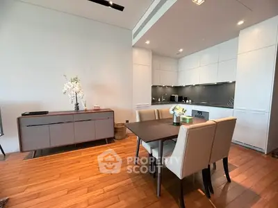 Modern kitchen and dining area with sleek cabinetry and wooden flooring