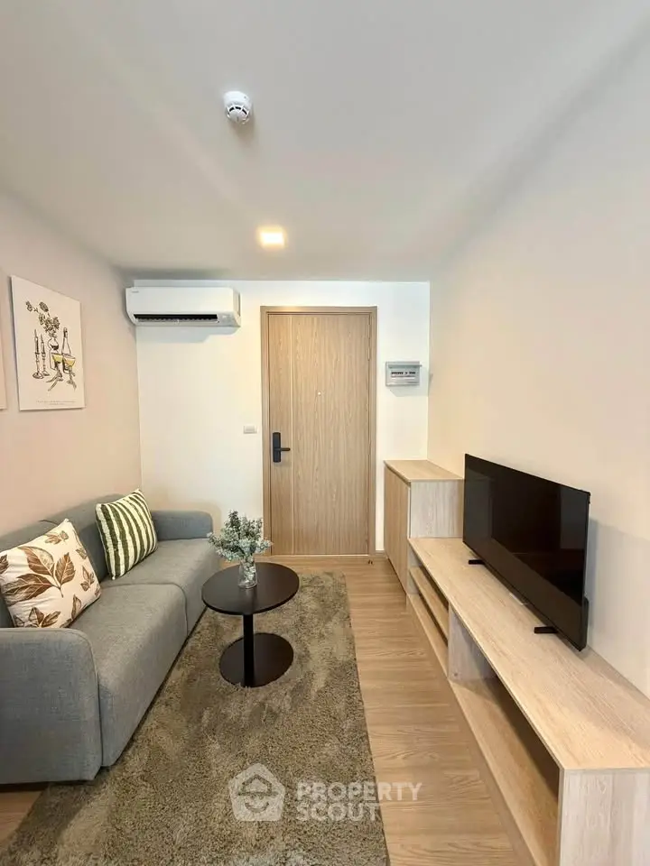 Modern living room with cozy sofa, stylish decor, and sleek TV setup in a compact apartment.