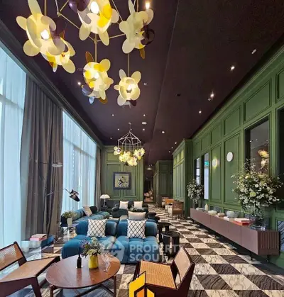 Luxurious living room with high ceilings, elegant lighting, and stylish decor in a modern apartment.