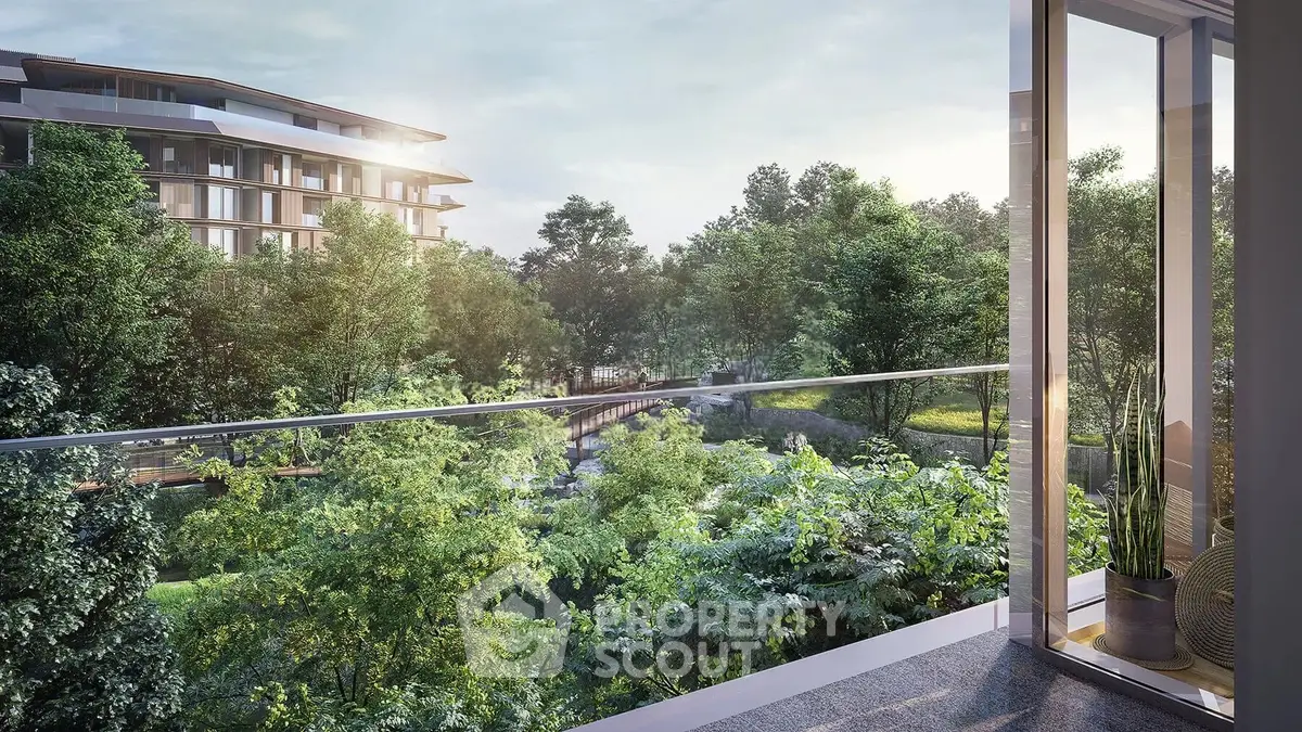 Luxurious balcony view overlooking lush greenery and modern architecture, perfect for serene living.