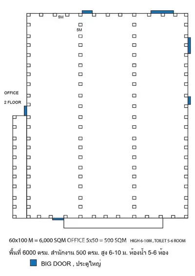 Detailed floor plan of a spacious office layout with big doors and multiple rooms.